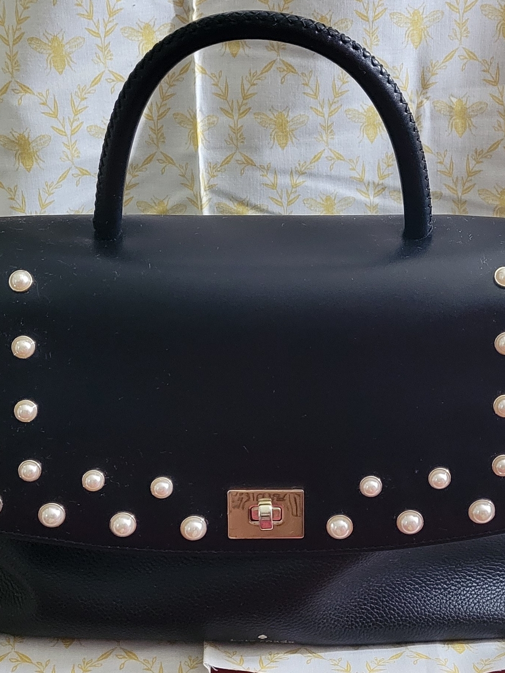 kate spade Black Top-Handle Satchel with Pearl Studs